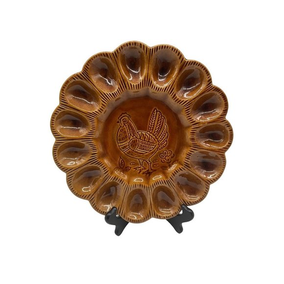 California Pottery Golen Brown Deviled Egg Plate, Made in USA - Picture 1 of 16